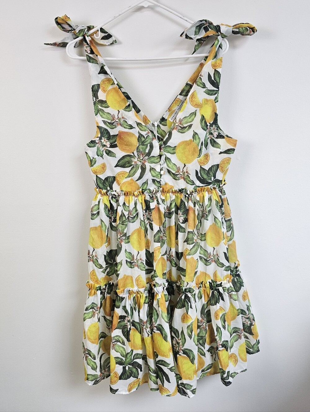English Factory Lemon Leaf Tiered Mini Dress Tie Straps Sleeves
